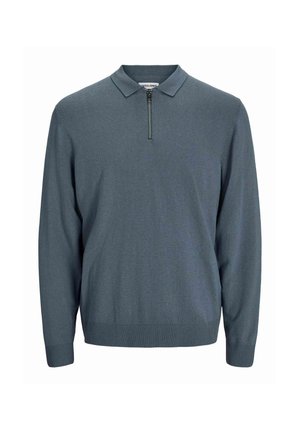 Pulover v temno modri barvi, pleten material, ovratnik z zadrgo do polovice, rebrasti manšeti in rob, dolgi rokavi, gladka tekstura, sproščen design.