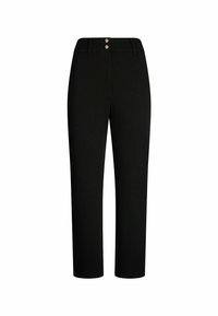 Pantalon noir à taille haute, coupe droite, avec passants pour ceinture et deux boutons dorés sur la ceinture avant, présenté sur fond blanc.