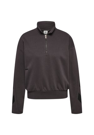 Mørkegrå langærmet pullover med kvart lynlås, høj krave, elastisk talje og sorte chevronmønstre på ærmerne.