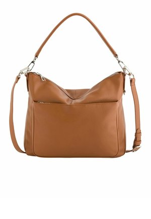 Bolso de mano de cuero marrón con asa superior, bolsillo frontal con cremallera y correa de hombro ajustable sobre fondo blanco.