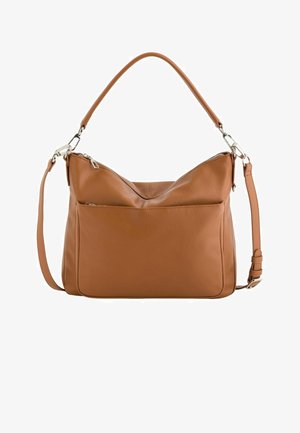 Bolso de mano de cuero marrón con asa superior, bolsillo frontal con cremallera y correa de hombro ajustable sobre fondo blanco.