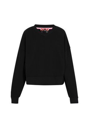 Fekete rövidített pulóver V-nyakkal, hosszú ujjakra és bordázott mandzsettákra. Sima anyag, a nyakába színes grafikákat tartalmazó címkével.