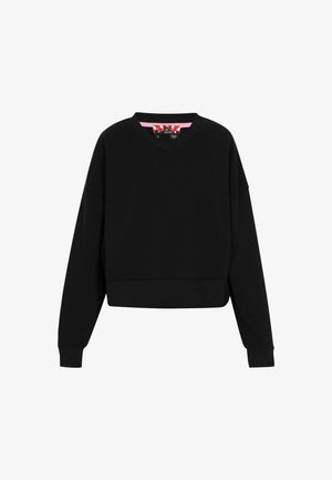 Felpa nera corta con scollo a V, maniche lunghe e polsini a costine. Tessuto liscio con un'etichetta con grafiche colorate all'interno del colletto.