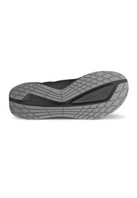 Zwarte sneakersole met een gestructureerde grijze rubberen buitenzool, uitgerust met een zigzagprofiel en Ecco-branding in reliëf aan de zijkant.