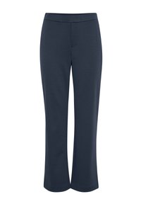 Navyblauwe uitlopende broek gemaakt van gladde stof. Voorzien van een brede tailleband en zonder zichtbare naden of versieringen.