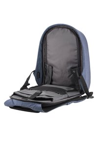Backpack in dark blue fabric with grey interior. Features adjustable straps, zip closure, and compartmentalized padding for devices.