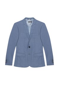 Blazer azzurro chiaro realizzato in tessuto texturizzato. Presenta un colletto a scomparsa, chiusura con un singolo bottone, due tasche laterali e dettagli con bottoni sulle maniche.
