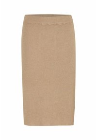 Jupe crayon en tricot beige clair, présentant une texture côtelée, une silhouette ajustée et une taille lisse. Design mi-long.
