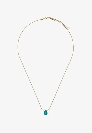 Złoty naszyjnik z łańcuszka z wyraźnym kroplowym pendante z turkusu o fasetowanej powierzchni. Prosty design z zapięciem typu lobster.