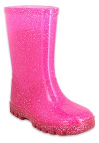 Botte de pluie rose vif avec des paillettes sur toute la surface et une semelle texturée pour une bonne adhérence, vue de côté.