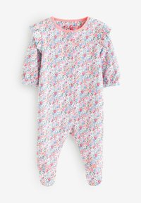 Blumiges Baby-Body in Hellblau mit rosa Akzenten, Rüscheärmeln und einem Druckknopfverschluss vorne. Hergestellt aus weichem Baumwollmaterial.