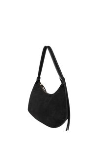 Black suede shoulder bag with double strap and gold zipper, featuring a rounded bottom and slim leather tassels on one side.