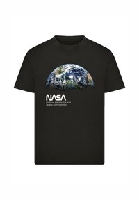 Black cotton T-shirt featuring a graphic of Earth and the NASA logo in white. Round neckline, short sleeves, and standard fit.