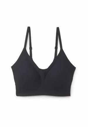 Schwarzer kabelloser BH aus glattem Material mit einem V-Ausschnitt-Design, verstellbaren Trägern und konturierten Cups für Unterstützung und Komfort.