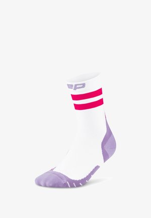 Weiße Socke mit lila Akzenten und zwei rosa Streifen oben. Verfügt über eine verstärkte Fußspitze und ein atmungsaktives, elastisches Material.