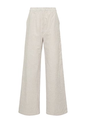 Leveistä kapeista housuista, joissa on beigen ja valkoisen pystysuorat raidat, joustava vyötärönauha ja sivutaskut, valmistettu kevyestä kankaasta.