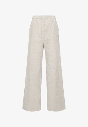 Wide-leg pants with beige and white vertical stripes, elastic waistband, and side pockets, made from lightweight fabric.