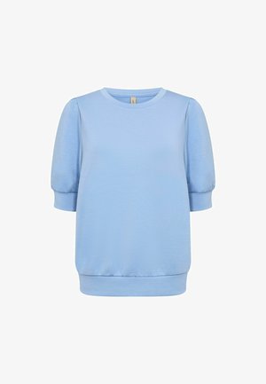 Jasnoniebieska bluzka z krótkim rękawem, wykonana z miękkiego materiału. Posiada okrągły dekolt oraz elastyczne mankiety, zapewniając luźny krój. Prosta, gładka tekstura.