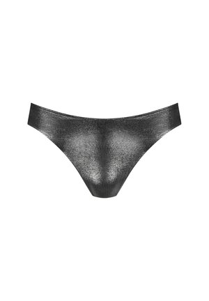 Bas de bikini métallique noir brillant avec un tissu lisse, élégant et une coupe taille basse.