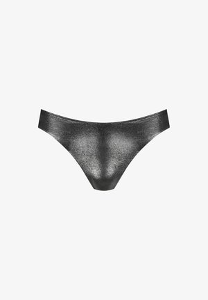 Bas de bikini métallique noir brillant avec un tissu lisse, élégant et une coupe taille basse.