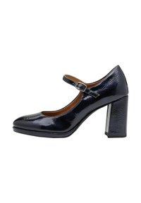 Zapatos de charol azul marino estilo Mary Jane con punta redondeada, correa de tobillo ajustable y tacón ancho texturizado para mayor agarre.