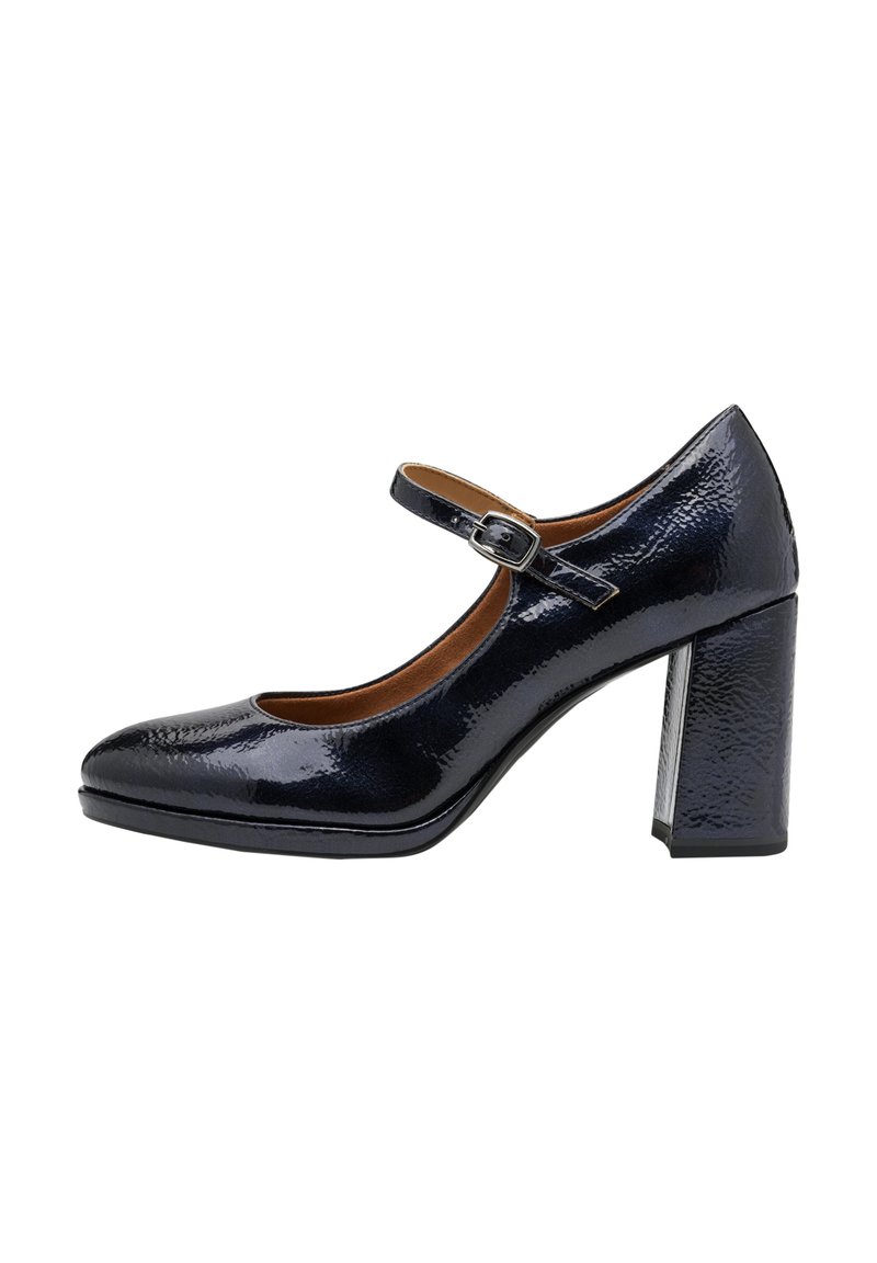 Zapatos de charol azul marino estilo Mary Jane con punta redondeada, correa de tobillo ajustable y tacón ancho texturizado para mayor agarre.