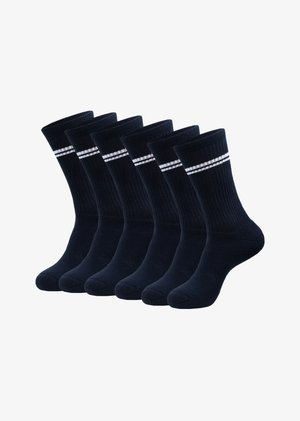 Mørkeblå crewsokker, seks-pak, ribbet tekstur, med to hvide striber nær kanten, lavet af bomuldsblanding for komfort og holdbarhed.