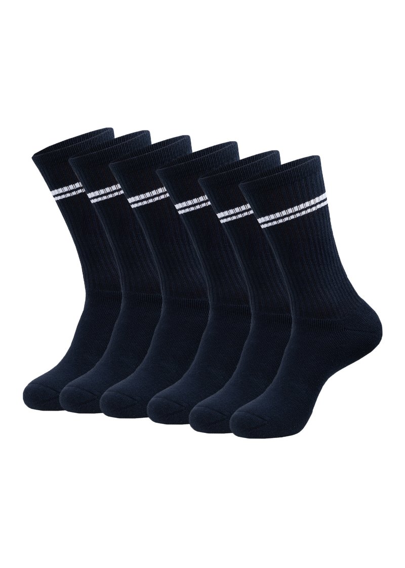 Marine Crew-Socken, Sechserpack, gerippte Textur, mit zwei weißen Streifen nahe dem Bündchen, aus einer Baumwollmischung für Komfort und Haltbarkeit.