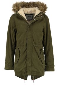 Olivgrön parkajacka med fuskpäls på huooden. Har ett mjukt innerfoder, två framfickor och justerbara snören i nederkanten.