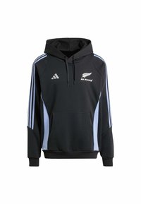 Sort hættetrøje med hætte, featuring lyseblå sidelister, stor forlommer og "All Blacks" logo i hvid på brystet. Lavet af blødt stof.