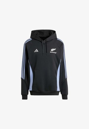Hoodie noir avec capuche, présentant des rayures latérales bleu clair, une grande poche frontale et un logo "All Blacks" en blanc sur la poitrine. Fabriqué en tissu doux.