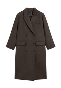 Manteau croisé en laine brun foncé avec revers notés, deux poches avant et une poche poitrine simple. Texture lisse, coupe ajustée.