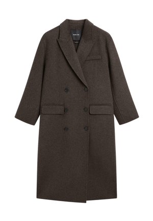 Cappotto doppiopetto in lana marrone scuro con revers, due tasche frontali e una tasca sul petto. Tessuto liscio, vestibilità su misura.