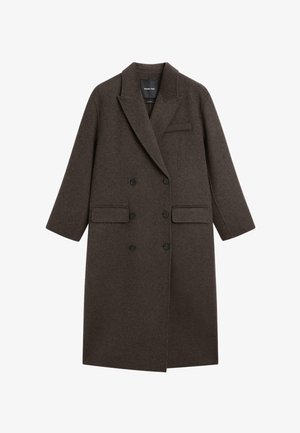 Kurtka dwurzędowa z ciemnobrązowej wełny, z klapami, dwoma przednimi kieszeniami oraz jedną kieszonką na piersi. Gładka faktura, dopasowany krój.