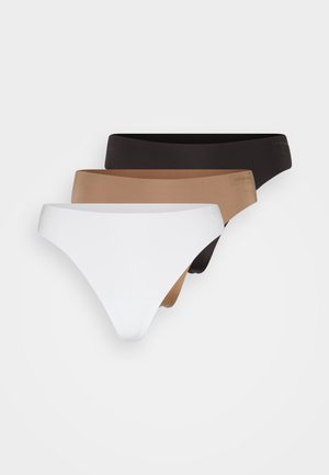 Three pairs of thong underwear in white, light brown, and black. Made of smooth fabric with a seamless design and soft elastic waistband.