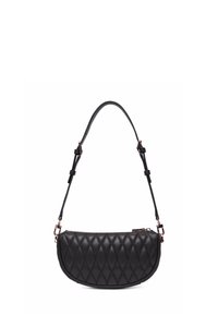 Borsa a spalla in pelle nera trapuntata con forma curva, dotata di chiusura a zip e tracolla regolabile. Accentuata da accessori metallici.