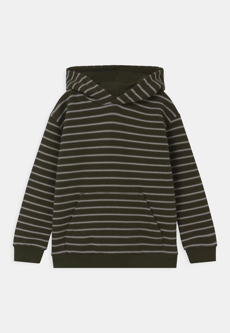 Sweat à capuche vert foncé avec des rayures blanches horizontales, poche kangourou à l'avant et poignets et ourlet côtelés.
