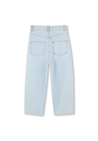 Jean en denim bleu clair avec une coupe large, dotée d'une taille haute, de deux poches arrière et d'un subtil détail de couture sur les coutures.