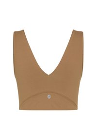 Ärmelloses taupefarbenes Crop-Top mit tiefem V-Ausschnitt, figurbetontem Design und kleinem runden Logo nahe dem unteren Saum, vor weißem Hintergrund dargestellt.