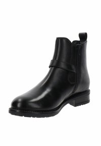 Stivale alla caviglia in pelle nera con zip laterale, tacco basso e impilato, punta rotonda e una tracolla decorativa sul davanti.