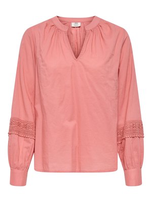 Long-sleeve rose pink blouse with V-notch collar, gathered neckline, and intricate lace trim on mid-sleeves ending in buttoned cuffs.