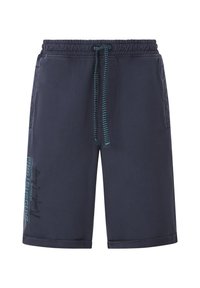 Navy blue shorts with an elastic waistband, adjustable drawstring in teal, side pockets, and printed design on the left leg.