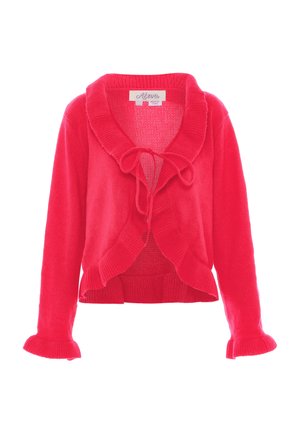 Cardigan rosso lavorato a maglia con colletto a scialle, bordo arricciato e chiusura con fiocco. Presenta maniche lunghe con polsini arricciati e un design leggermente corto.
