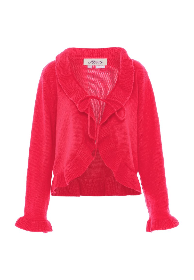 Cardigan rosso lavorato a maglia con colletto a scialle, bordo arricciato e chiusura con fiocco. Presenta maniche lunghe con polsini arricciati e un design leggermente corto.