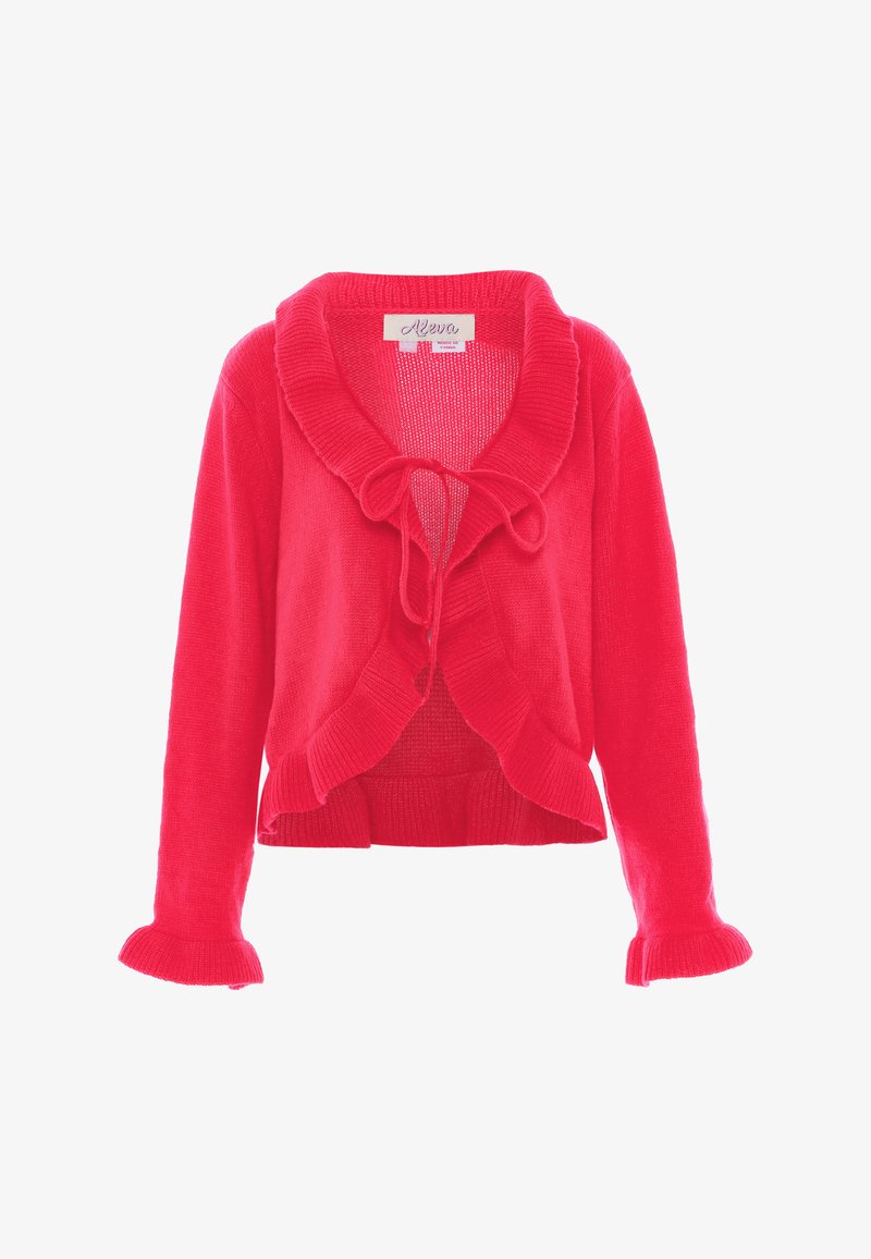 Cardigan rosso lavorato a maglia con colletto a scialle, bordo arricciato e chiusura con fiocco. Presenta maniche lunghe con polsini arricciati e un design leggermente corto.