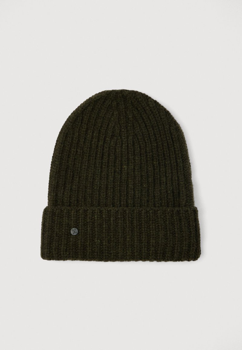 Dark green knitted beanie hat made from ribbed fabric, featuring a folded cuff and a small circular logo accent.
