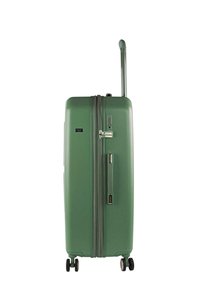 Maleta rígida verde con superficie texturizada, cremalleras dobles, cerradura integrada y asa retráctil; cuatro ruedas para movilidad.