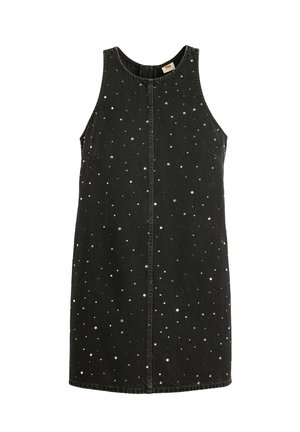 Svart denim ärmlös klänning med en dragkedja i fram och prydd med spridda silver- och guldpaljetter för en stilig accent.