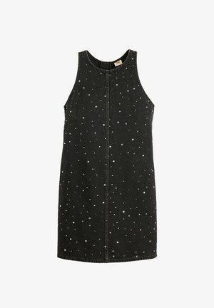 Vestito senza maniche in denim nero con zip frontale, decorato da paillettes argentate e dorate sparse per un tocco di stile.