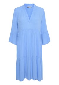 Robe bleu clair avec un décolleté en V et un col froncé, manches longues et évasées, volants froncés et coupe décontractée. Tissu lisse, longueur genou.